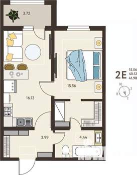 1-к квартира, вторичка, 42м2, 13/18 этаж