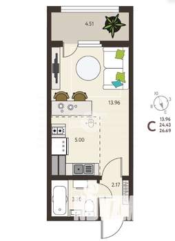 Студия квартира, вторичка, 27м2, 2/20 этаж