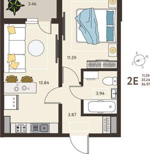 1-к квартира, вторичка, 37м2, 12/18 этаж