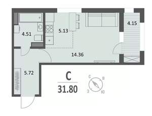 Студия квартира, строящийся дом, 32м2, 11/16 этаж