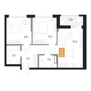 2-к квартира, вторичка, 60м2, 11/16 этаж