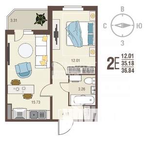 1-к квартира, вторичка, 37м2, 15/17 этаж