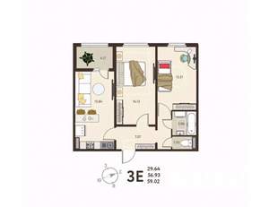 2-к квартира, строящийся дом, 59м2, 2/17 этаж