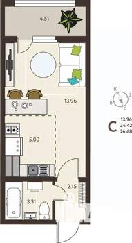 Студия квартира, вторичка, 27м2, 16/18 этаж