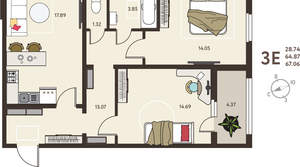 2-к квартира, вторичка, 67м2, 17/18 этаж