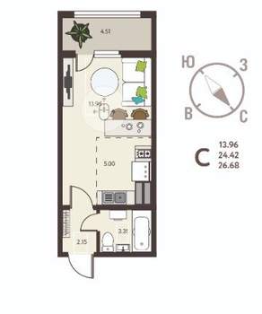 Студия квартира, вторичка, 27м2, 12/17 этаж