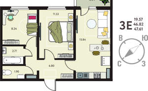 2-к квартира, вторичка, 48м2, 16/18 этаж