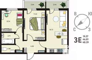 2-к квартира, вторичка, 48м2, 4/17 этаж