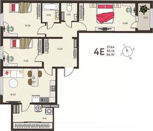 3-к квартира, вторичка, 85м2, 14/18 этаж