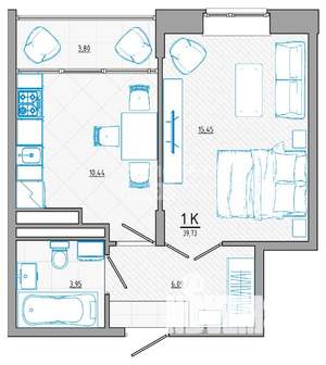 1-к квартира, вторичка, 43м2, 6/8 этаж