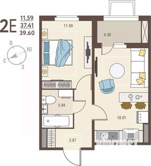1-к квартира, вторичка, 40м2, 1/17 этаж