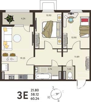 2-к квартира, вторичка, 60м2, 1/18 этаж