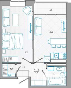 1-к квартира, строящийся дом, 46м2, 6/8 этаж