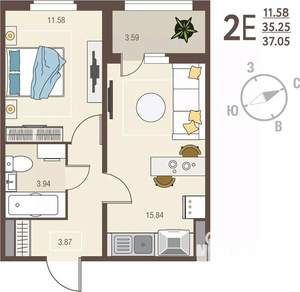 1-к квартира, вторичка, 37м2, 8/17 этаж
