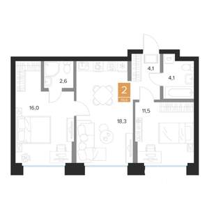 2-к квартира, вторичка, 57м2, 2/16 этаж