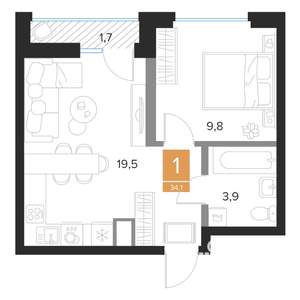 1-к квартира, строящийся дом, 34м2, 9/16 этаж
