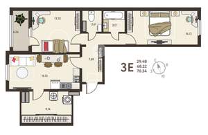 2-к квартира, строящийся дом, 70м2, 9/18 этаж