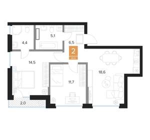2-к квартира, вторичка, 61м2, 10/16 этаж