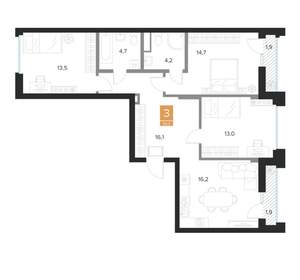 3-к квартира, вторичка, 84м2, 3/16 этаж