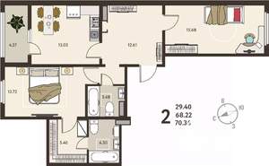 2-к квартира, вторичка, 70м2, 5/18 этаж