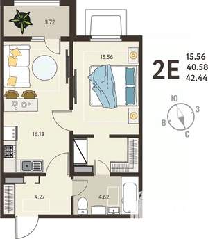 1-к квартира, вторичка, 42м2, 1/18 этаж