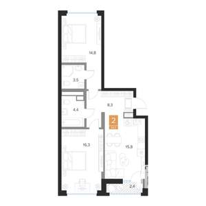 2-к квартира, строящийся дом, 64м2, 13/16 этаж