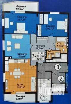 3-к квартира, строящийся дом, 129м2, 3/8 этаж