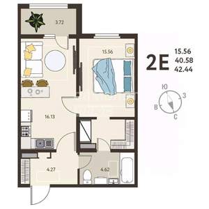 1-к квартира, вторичка, 42м2, 6/18 этаж