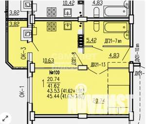 1-к квартира, вторичка, 44м2, 2/10 этаж