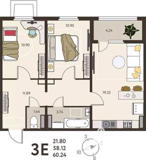 2-к квартира, вторичка, 60м2, 1/18 этаж