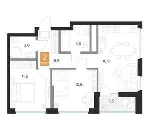 2-к квартира, вторичка, 58м2, 14/16 этаж