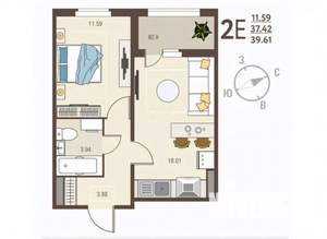 1-к квартира, вторичка, 40м2, 8/17 этаж