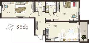 2-к квартира, вторичка, 64м2, 13/18 этаж