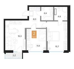 2-к квартира, вторичка, 61м2, 5/16 этаж