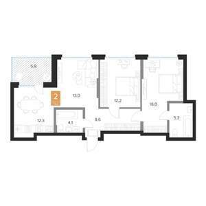2-к квартира, вторичка, 73м2, 8/16 этаж