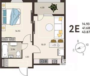 1-к квартира, вторичка, 44м2, 5/18 этаж