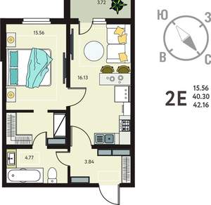 1-к квартира, вторичка, 42м2, 16/18 этаж