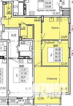 2-к квартира, строящийся дом, 60м2, 10/11 этаж