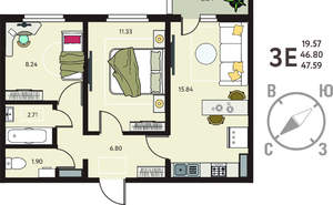 2-к квартира, вторичка, 48м2, 16/18 этаж