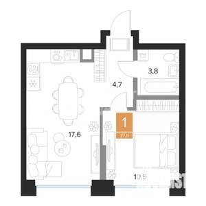1-к квартира, вторичка, 37м2, 3/16 этаж