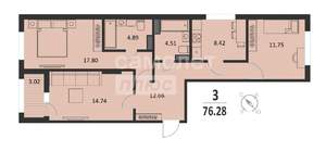 3-к квартира, вторичка, 76м2, 1/16 этаж