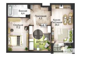 3-к квартира, вторичка, 68м2, 12/21 этаж