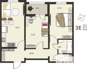 2-к квартира, вторичка, 56м2, 13/18 этаж