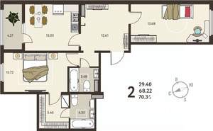 2-к квартира, вторичка, 70м2, 3/18 этаж