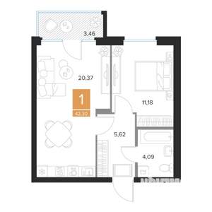 1-к квартира, вторичка, 42м2, 8/9 этаж