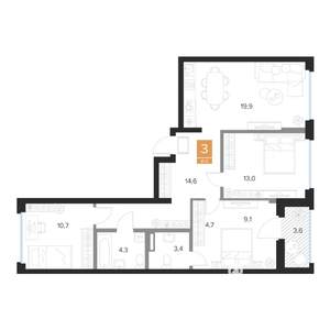 3-к квартира, строящийся дом, 82м2, 4/16 этаж