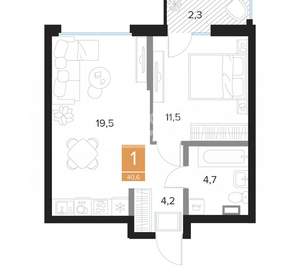 1-к квартира, вторичка, 41м2, 4/13 этаж