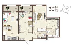 3-к квартира, вторичка, 68м2, 11/19 этаж