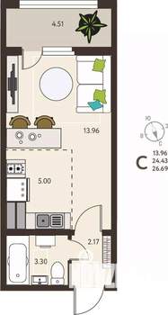Студия квартира, вторичка, 27м2, 2/18 этаж