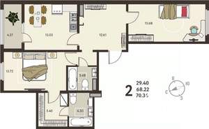 2-к квартира, вторичка, 70м2, 17/18 этаж